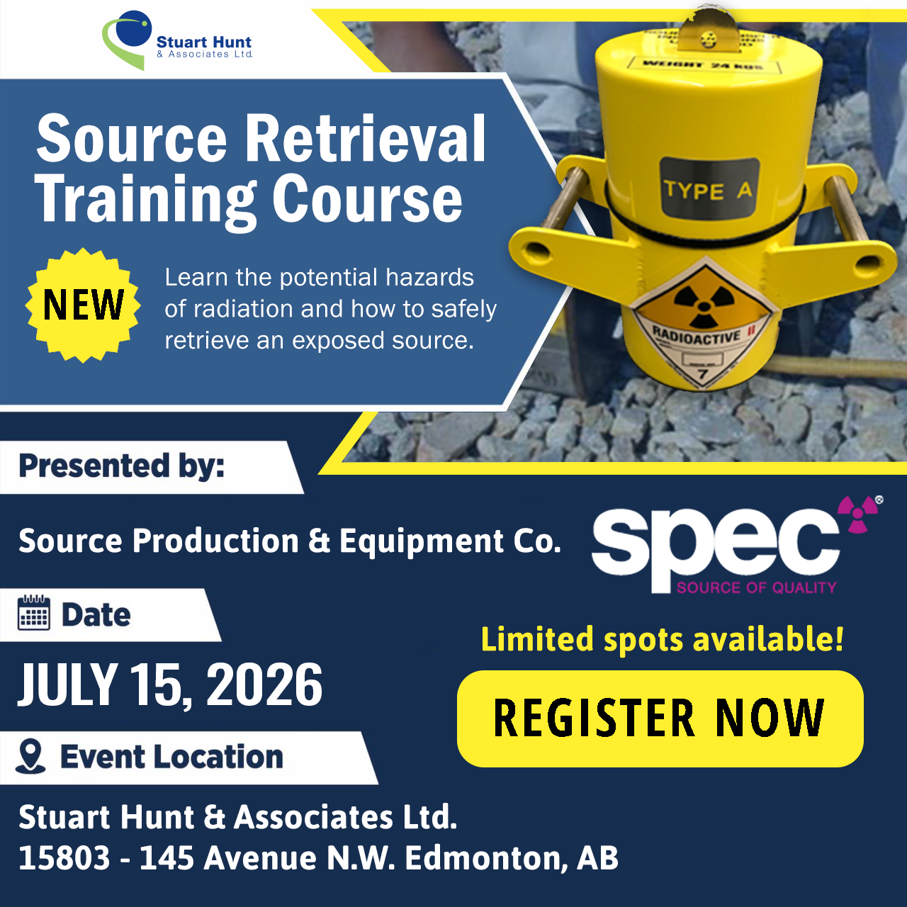 Objective: The purpose of this training is to fully acquaint the user with the potential hazards of radiation and how to safely retrieve a sealed source assembly that will not return to the shielded position within an exposure device.  Upon successful completion of this course, the attendee will be able to:  Identify main causes of emergencies and initial response procedures Advance Preparations, initial response procedures, on-site activities and post retrieval actions Knowledge and use of retrieval equipment Dealing with the Media Course Hours: 8 a.m &ndash; 5 p.m, includes an hour for lunch (Lunch will be provided).  Basic Schedule: Morning classroom lectures and afternoon practical exercises.  Attire: Casual, suitable for movement during practical exercises and layers for classroom (in case of hot or cold).  What to bring to class: Students should bring their issued passive dosimetry.  Electronic dosimetry will be provided to everyone involved in practical exercises.